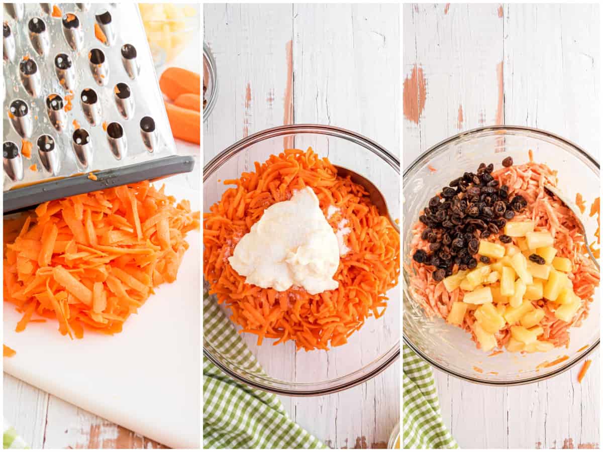 collage of three photos: grated carrot inside a standup grater, grated carrots, sugar and mayonnaise in a clear bowl, raisins and pineapple tidbits added to carrot mixture in a bowl.