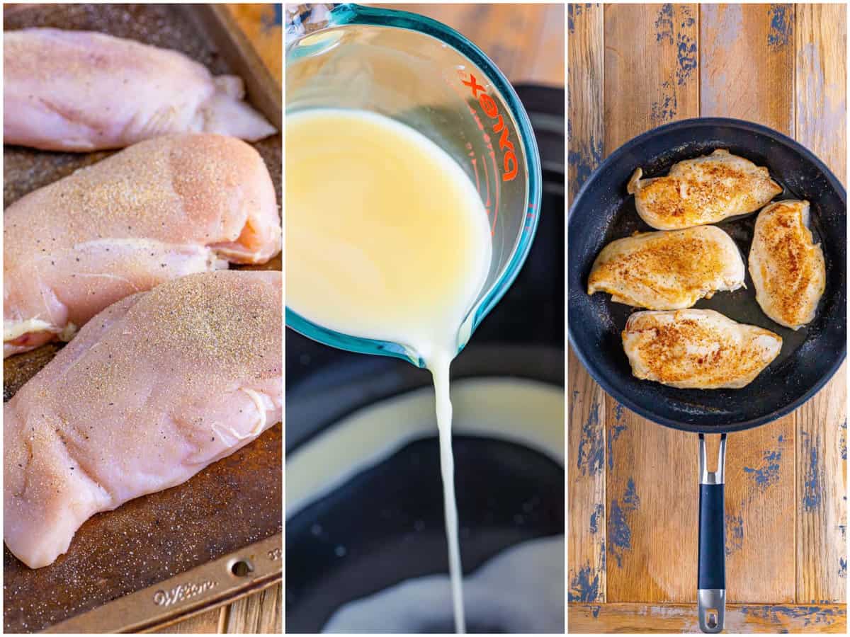 collage of three photos: seasoned chicken on a sheet pan, melted butter being poured in a crockpot and cooked chicken breasts in a pan.