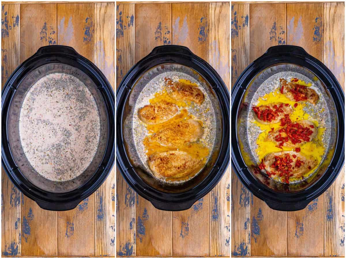 collage of three photos: a crockpot with heavy cream, garlic, Italian seasoning, salt, black pepper, red pepper flakes, and paprika.
