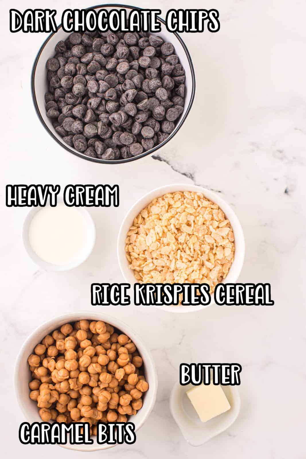 Dark chocolate chips, butter, Rice Krispie cereal, caramel bits, and heavy cream.