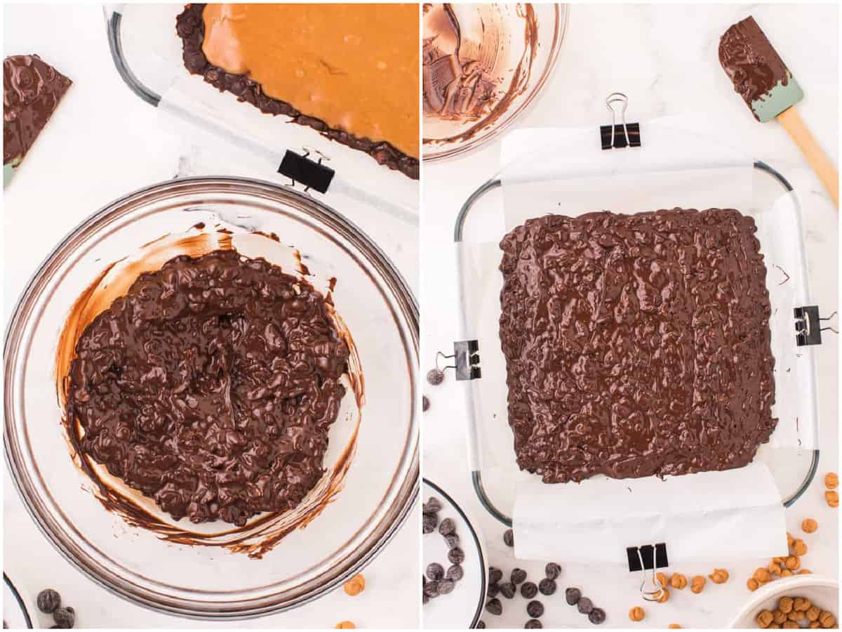 collage of two photos: mixing bowl of chocolate and Rice Krispies chocolate  final layer added over caramel layer. 