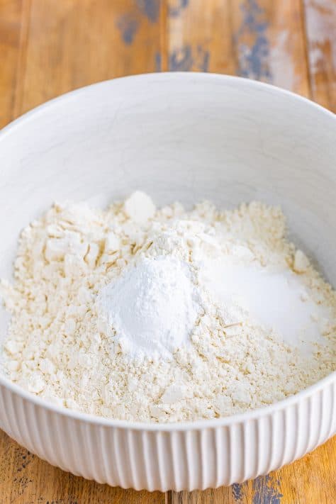 Flour, baking powder, and salt in a large bowl.