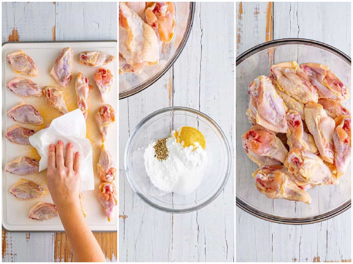 a collage of three photos: a hand patting chicken wings dry with a paper towel, a clear bowl, with baking powder, salt, pepper and garlic powder, and a bowl of chicken wings covered in baking powder mixture.