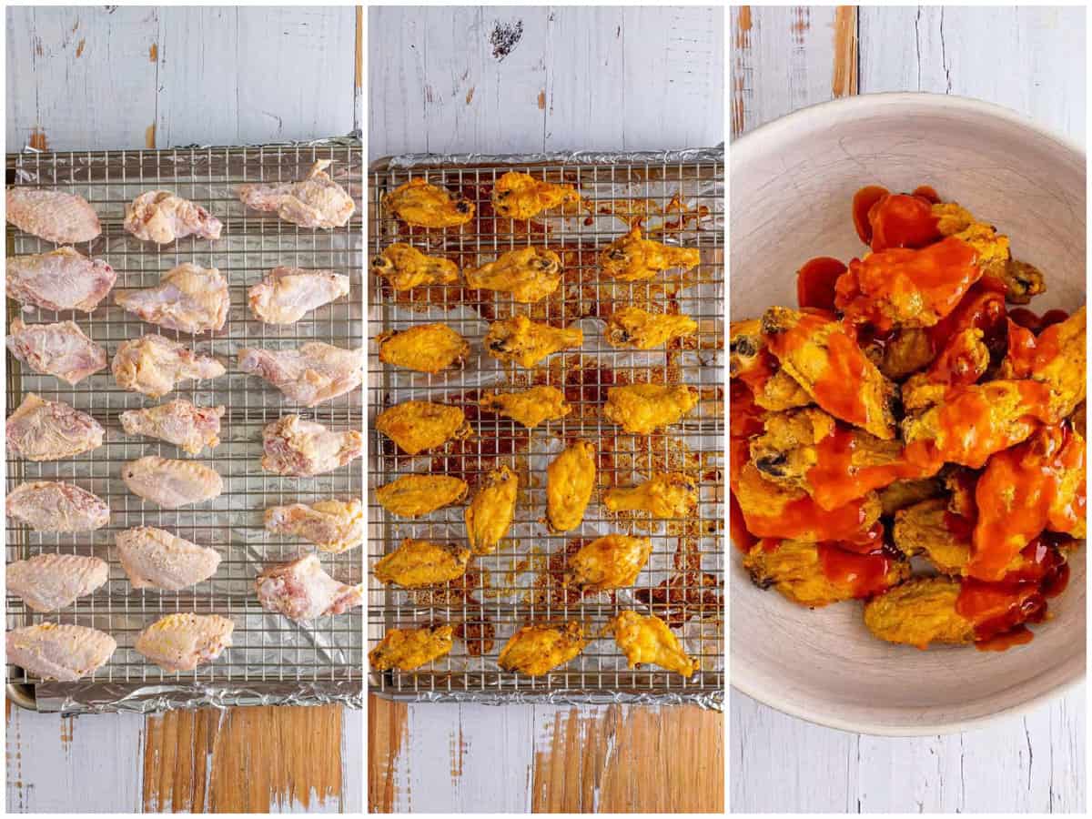 a collage of three photos: coated chicken wings on a rack on a baking sheet, fully cooked chicken wings on a rack on a baking sheet and cooked chicken wings in a bowl covered with buffalo sauce. 