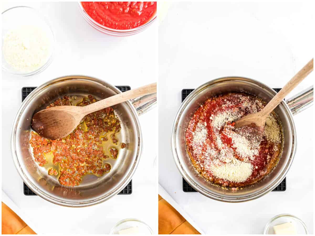 a collage of two photos: A saucepan with olive oil, pepperoni, and garlic and a saucepan with olive oil, pepperoni, tomato, basil, salt, pepper, cheese, and garlic.