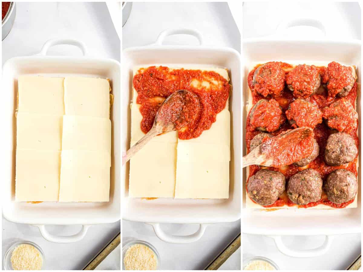 a collage of three photos: a baking dish with slider rolls and cheese on top, baking dish with slider rolls, sauce and cheese and meatballs on slider rolls with cheese and a wooden spoon spreading sauce on top.