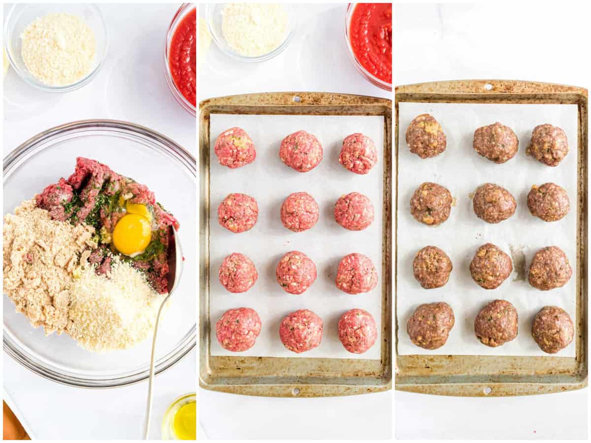 collage of three photos: A mixing bowl with ground beef, salt, pepper, onion powder, minced garlic, parsley, egg, Parmesan cheese, and bread crumbs,  meatballs on a parchment lined baking sheet and fully baked meatballs on baking sheet. 