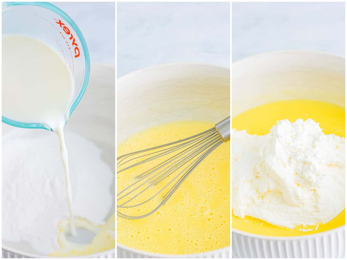 Collage of three photos: banana cream pudding mix and milk being poured in, a whisk in a mixing bowl of vodka spiked banana cream pudding, Whipped topping being mixed into spiked banana cream pudding.
