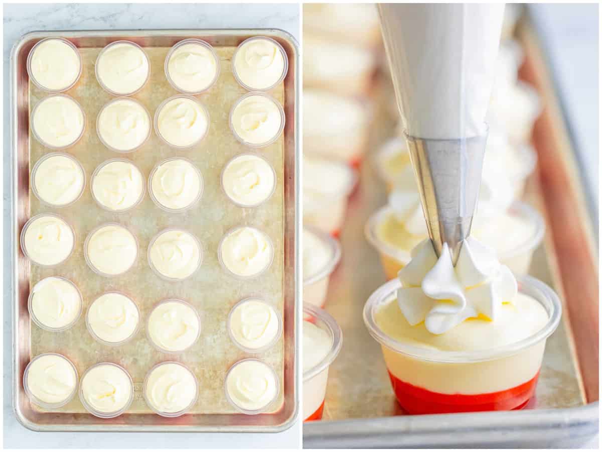 collage of two photos: banana cream pudding layered on top of strawberry jello in jello shot cups, a piping bag piping cool whip on top of each shot cup.