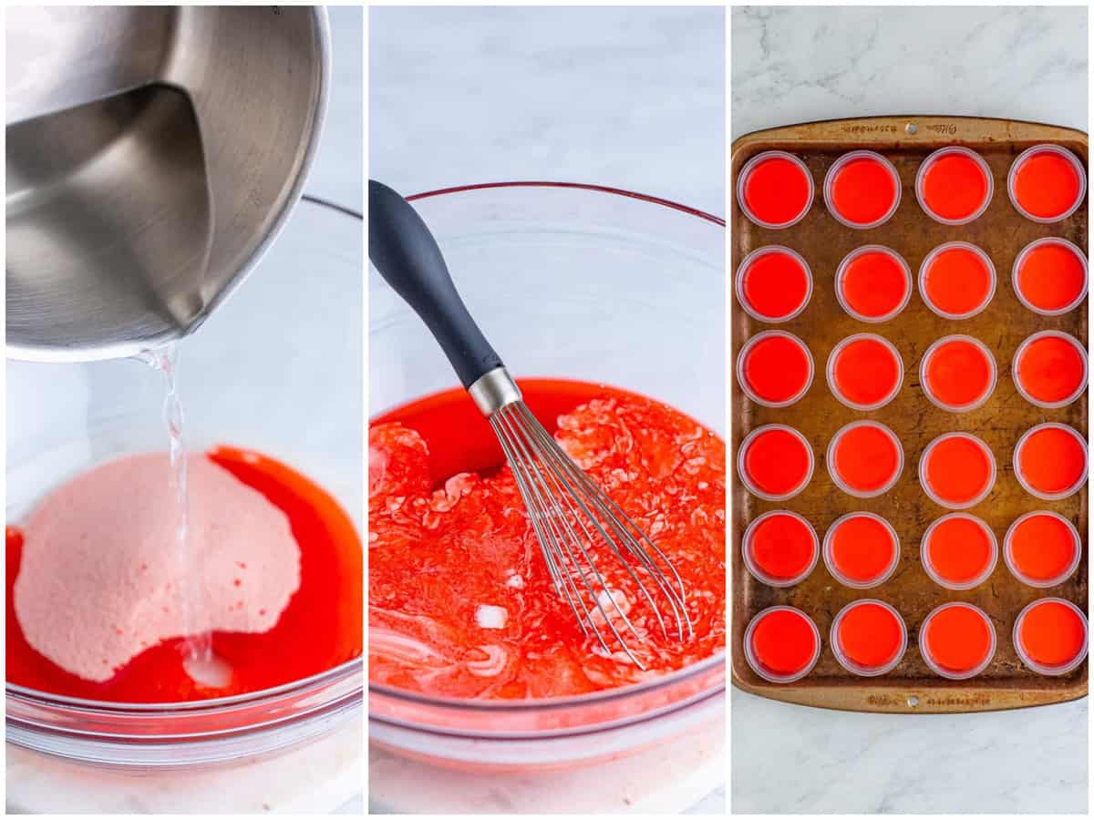 collage of three photos: strawberry Jello mix and water being poured in the mixing bowl, strawberry Jello with vodka and heavy cream, Jello shot cups with strawberry jello in them.