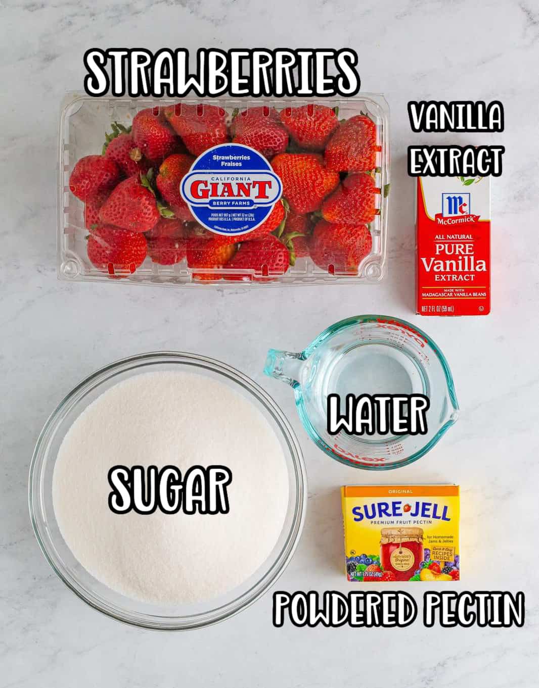 Strawberries, pectin powder, sugar, vanilla extract, and water. 