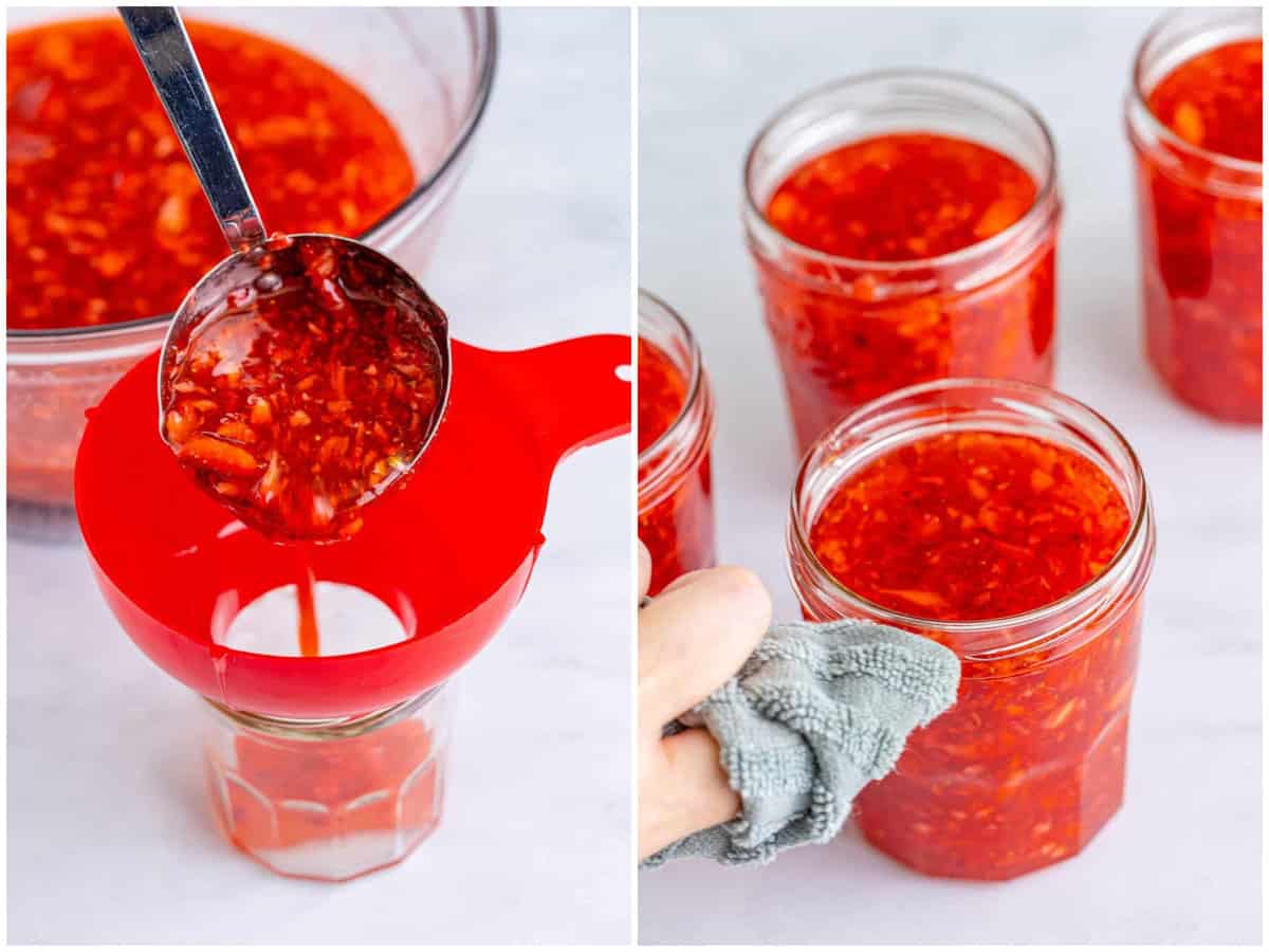 collage of two photos: A ladle pouring in the strawberry jam through a funnel into a jar and A hand wiping down a strawberry jam jar with a clean dish towel.
