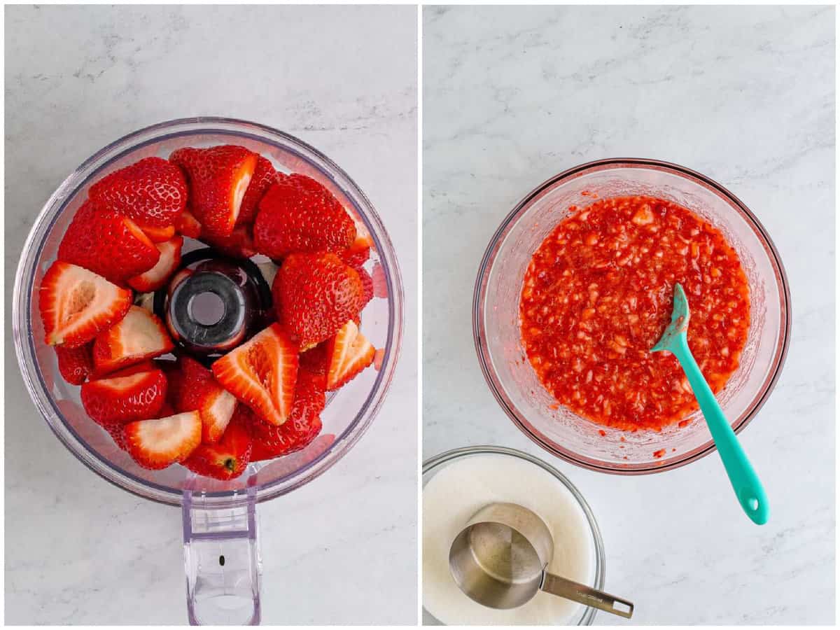 collage of two photos: Food processor with strawberries in it and Mixing bowl with strawberries and sugar. 