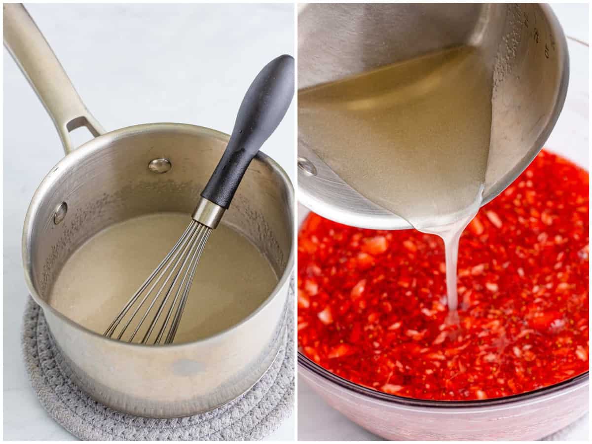 collage of two photos: Water and pectin in a sauce pan with whisk and Pectin being poured in a bowl of strawberries. 