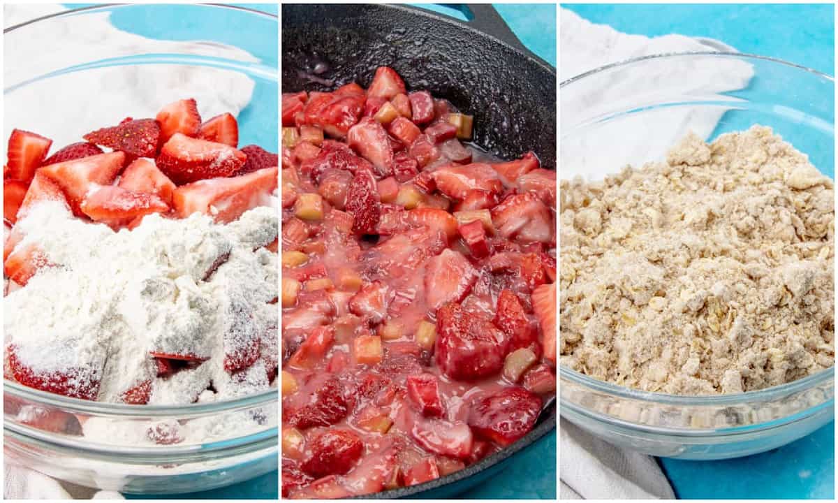 collage of three photos: sliced strawberries, chopped rhubarb, sugar, cornstarch and all purpose flour in a bowl, thickened strawberry rhubarb filling in a large cast iron skillet, and oatmeal sugar flour topping mixture in a bowl.