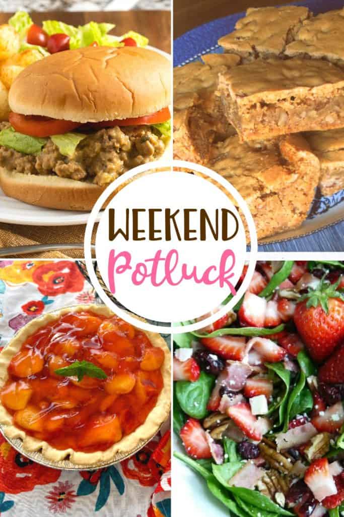 Weekend Potluck featured recipes: Southern Pecan Chewies, Crock Pot Cheeseburgers, Fresh Peach Pie and Strawberry Spinach Salad.