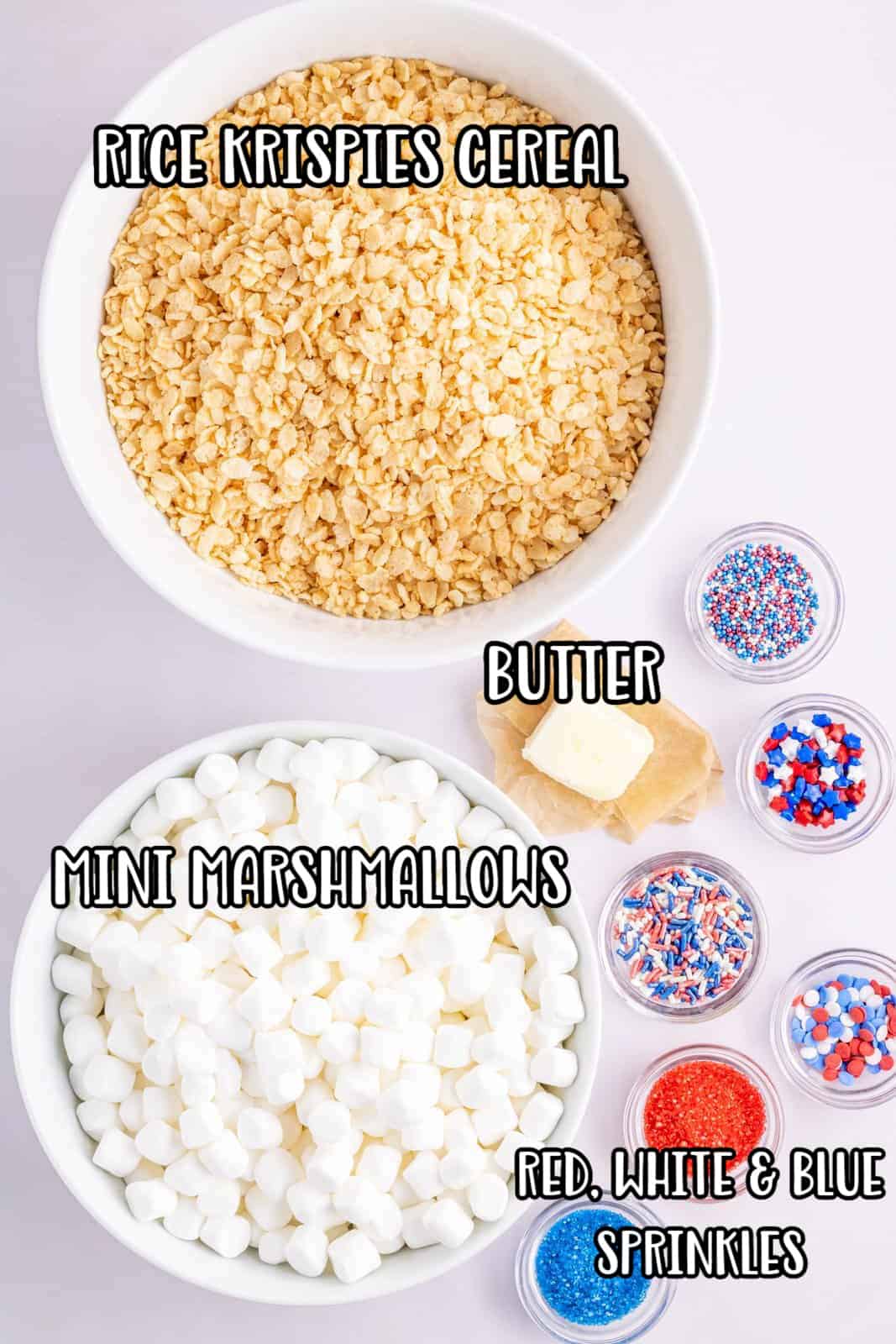 salted butter, Rice Krispies cereal, mini marshmallows and red, white and blue sprinkles. 