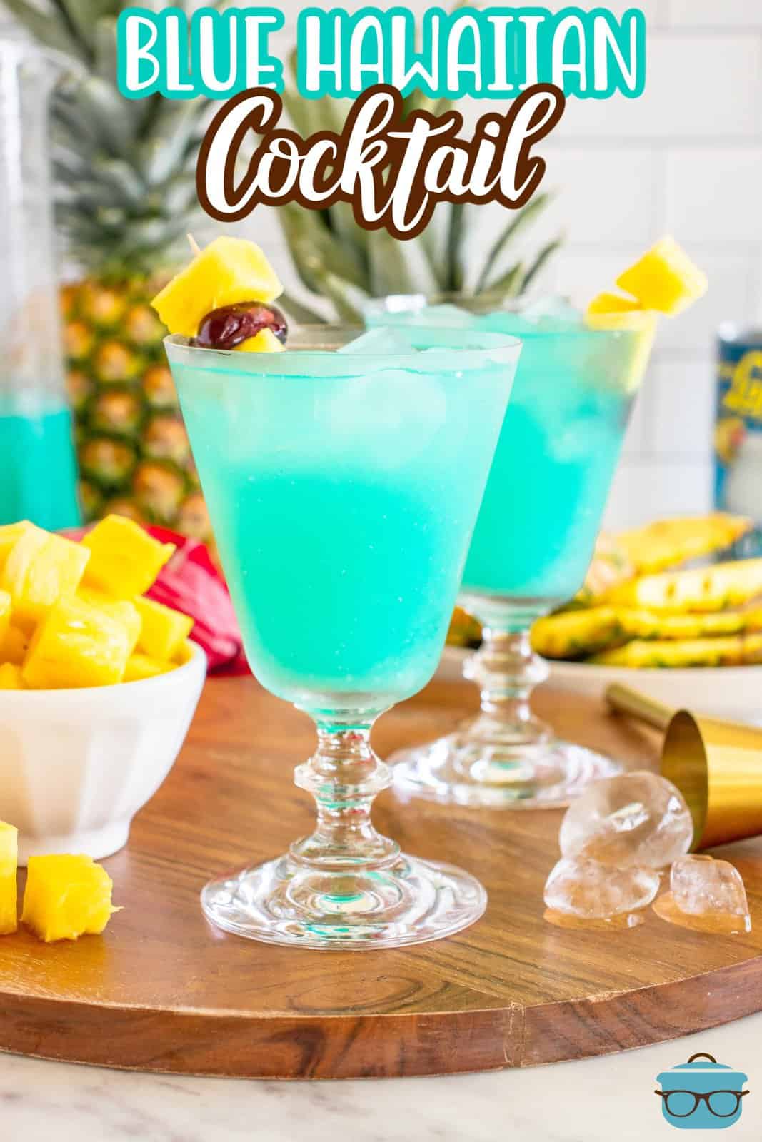 A blue Hawaiian cocktail in a glass.