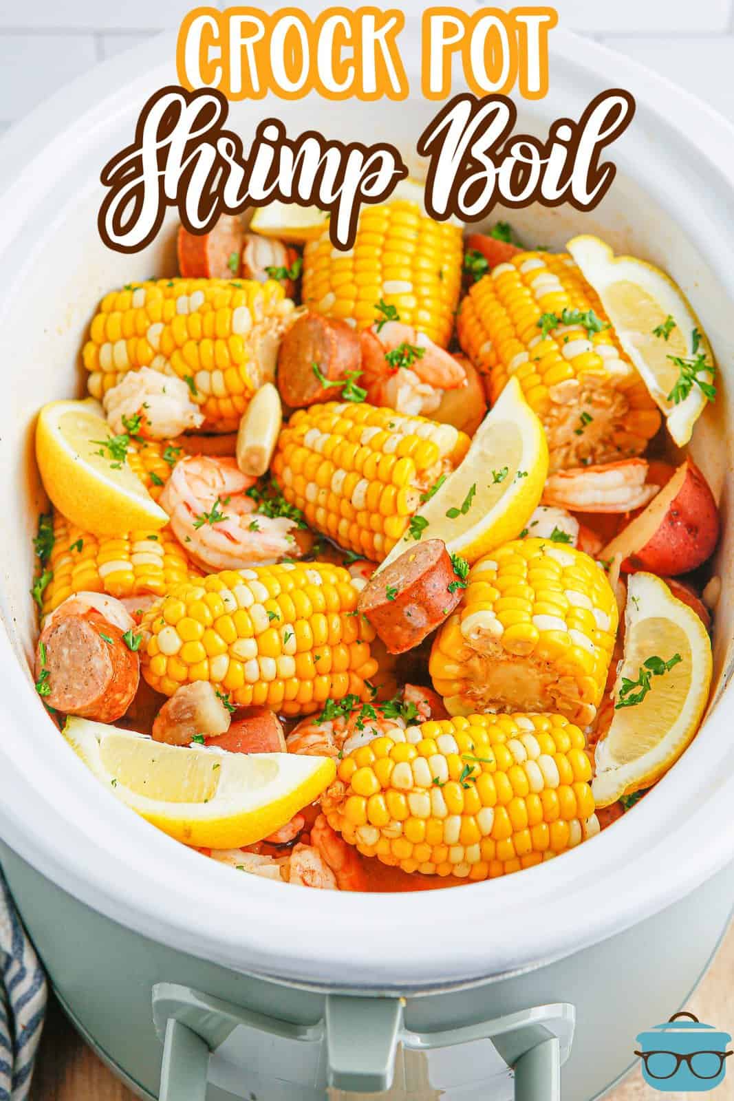 A white container of Shrimp Boil ready to serve. 