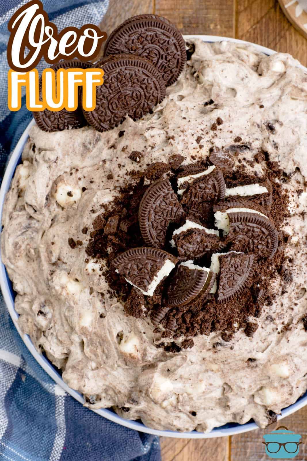 A bowl of Oreo fluff with crushed Oreos on top.
