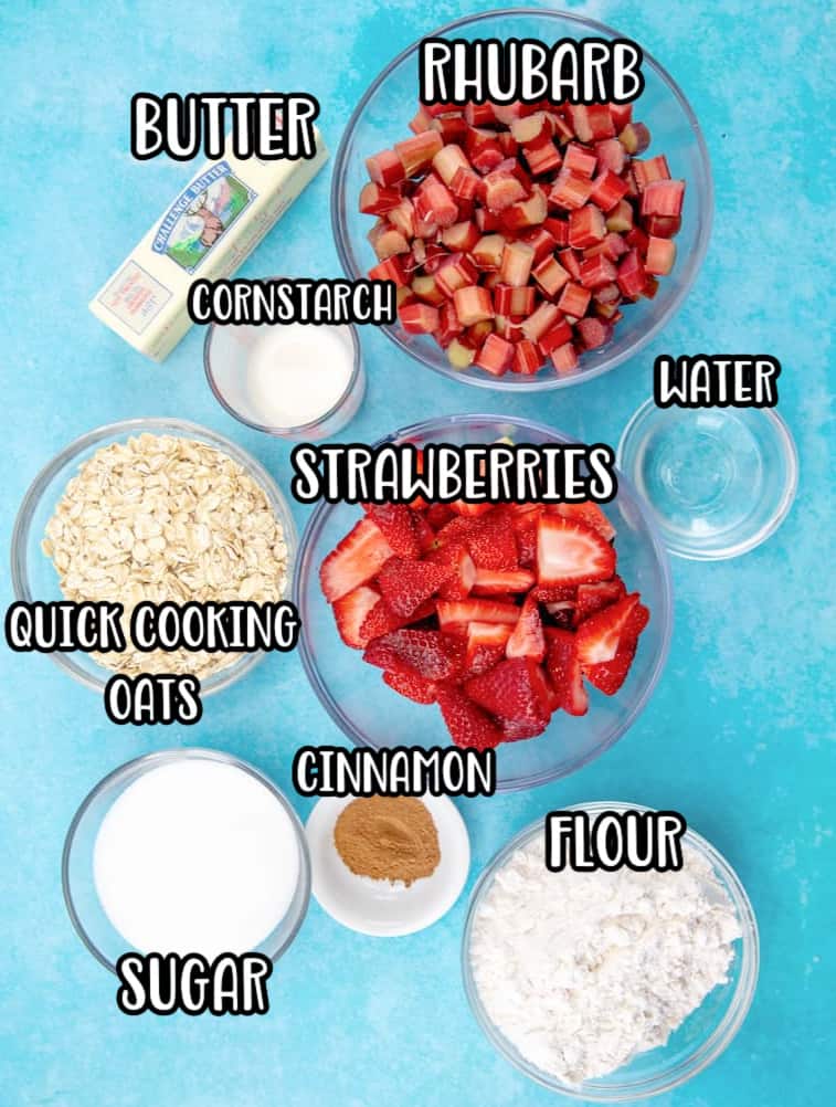 ingredients needed to make strawberry rhubarb cobbler/crisp: rhubarb, strawberries, cornstarch, all-purpose flour, rolled oats, sugar, cinnamon, water, salted butter.