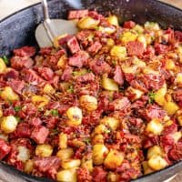 A pan of Corned Beef Hash close up.