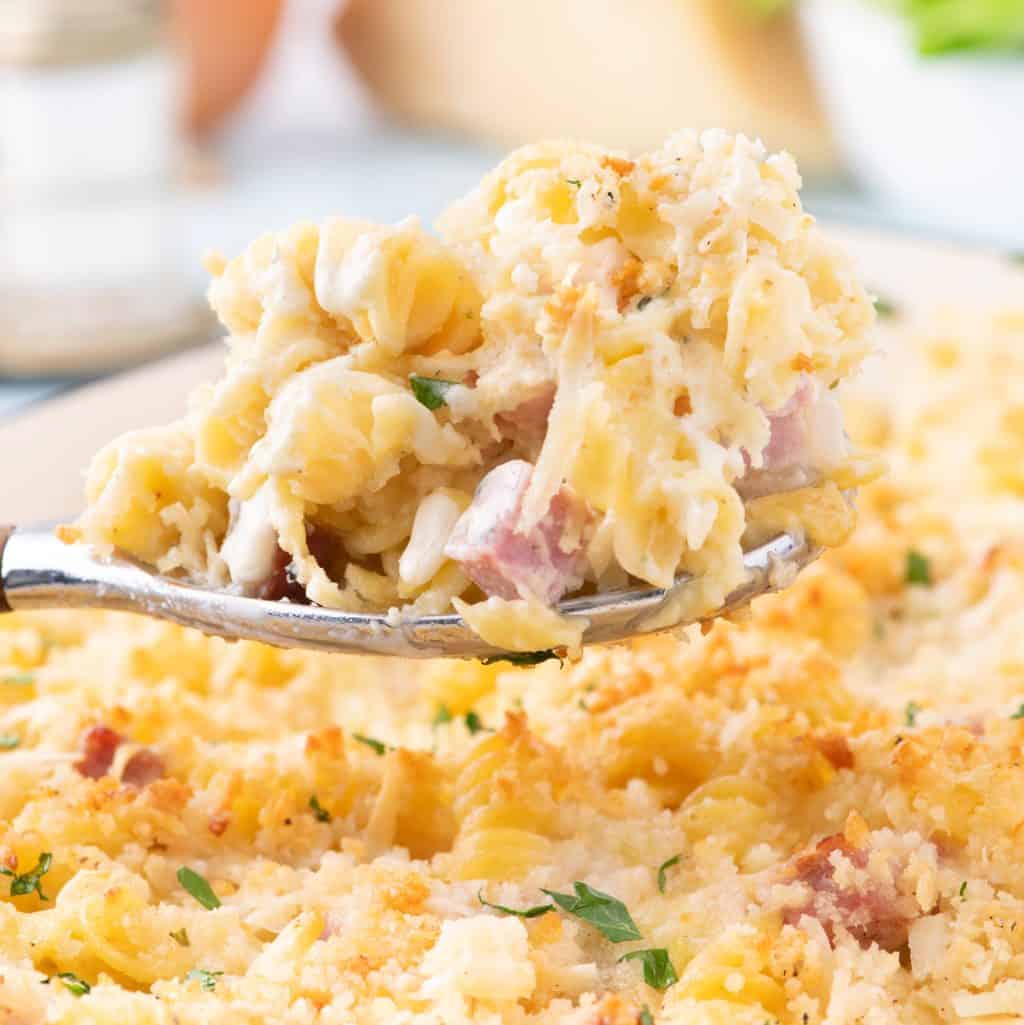 A bite of ham and cheese casserole over the baking dish of it.