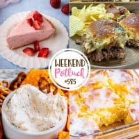 Weekend Potluck featured recipes Strawberry Cream Cheese Pie, Ground Beef Sliders, Ranch Beer Cheese Dip and Peaches and Cream Butter Swim Biscuits.