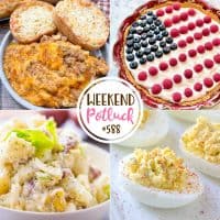 Weekend Potluck featured recipes: Easy Cheesy Old-Fashioned Hamburger Casserole, Red, White and Blue Pie, Creamy Dill Potato Salad and The Best Deviled Eggs.