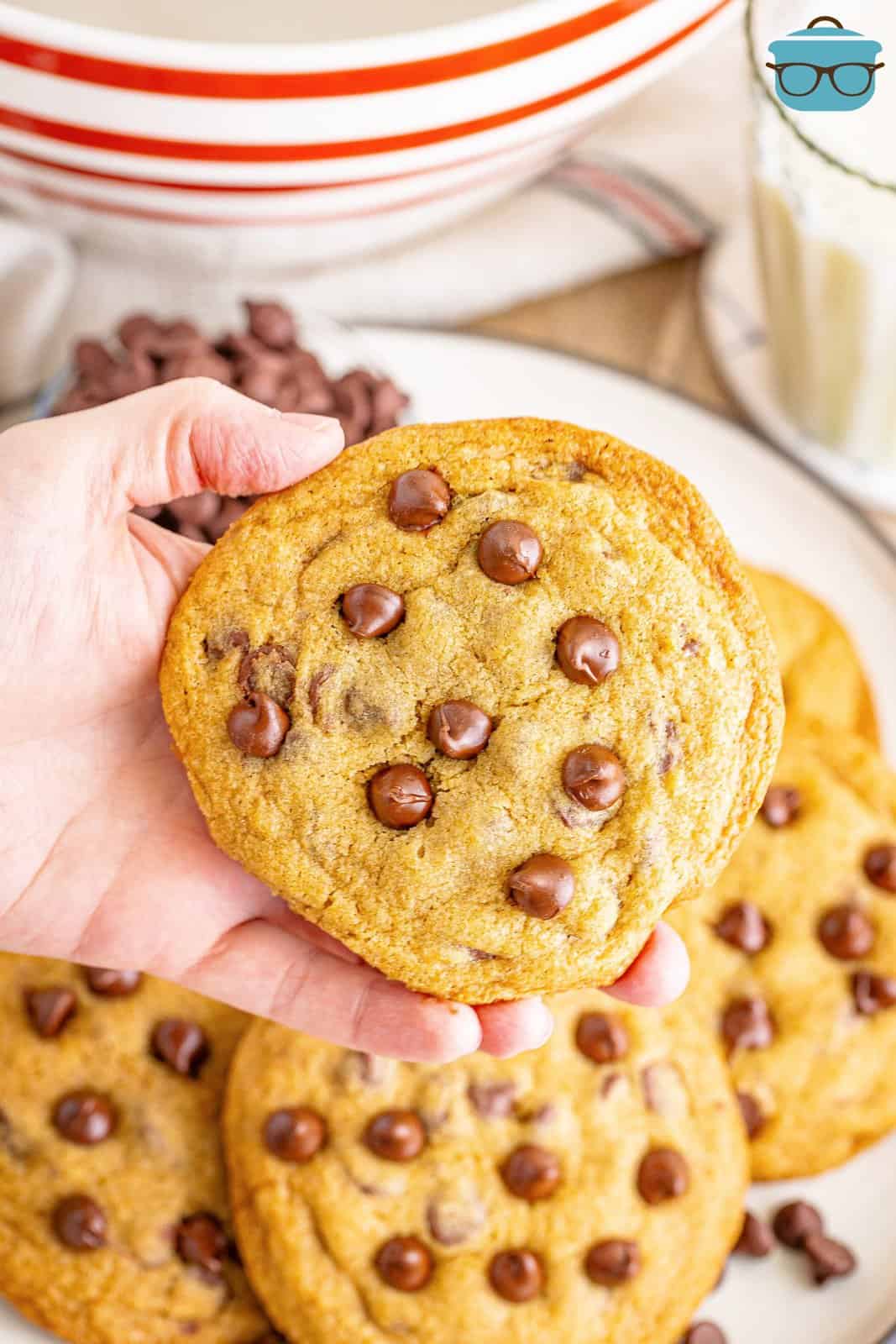 A hand holding a copycat Mrs. Fields Chocolate Chip Cookie above a plate of them.
