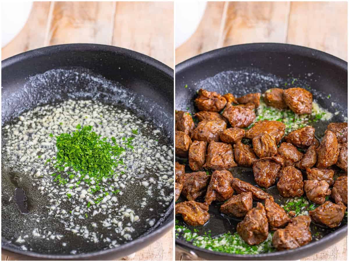 a collage of two photos: minced garlic, melted butter, and chopped parsley in a skillet; cooked steak bites added to garlic butter sauce in the skillet. 