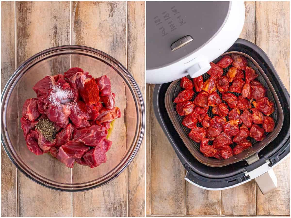 collage of two photos: a clear bowl with raw steak bites, olive oil, salt, pepper, and paprika; an Air Fryer basket with raw seasoned steak bites. 