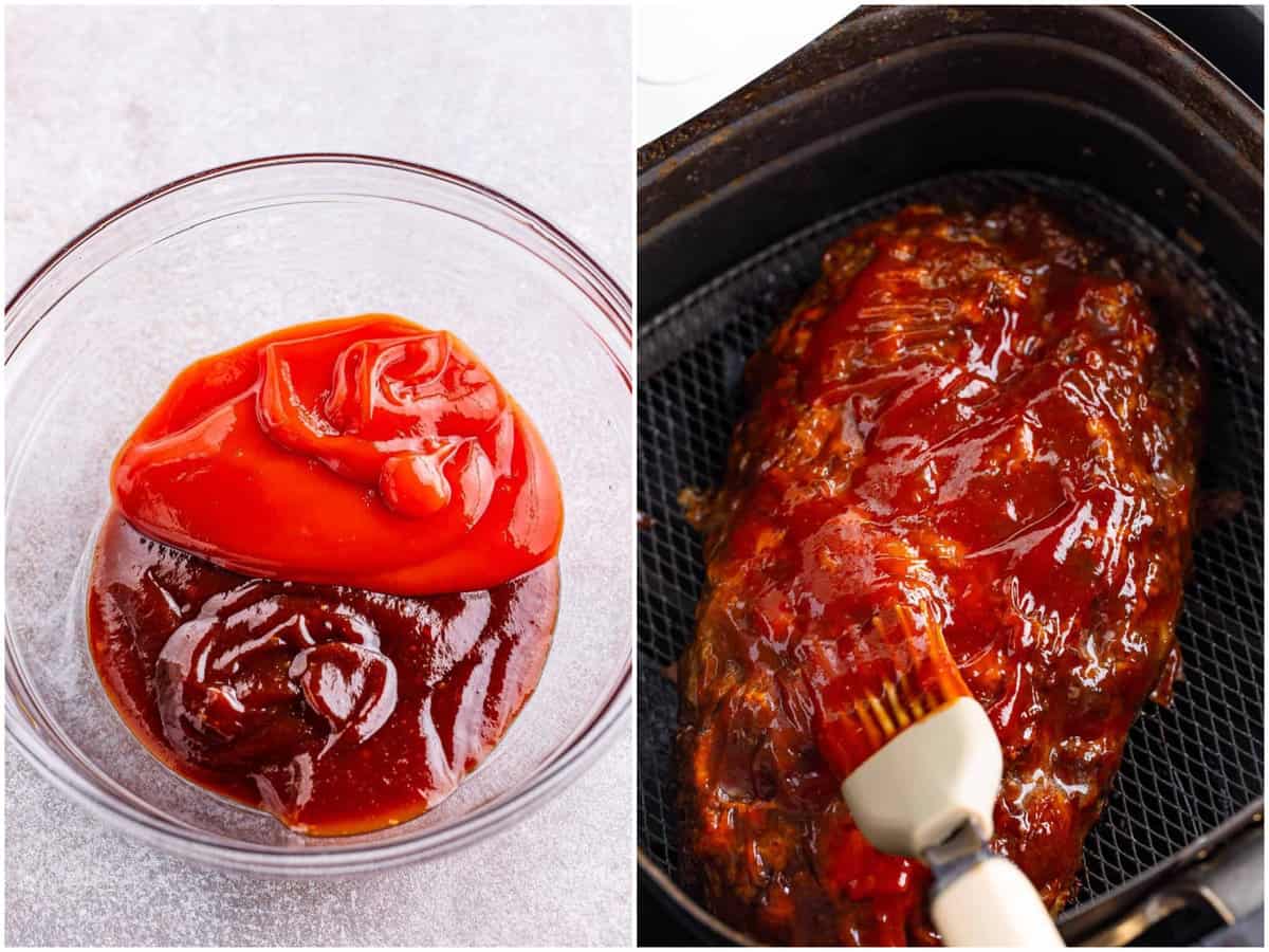 collage of two photos: a small glass bowl with ketchup and bbq sauce and a brush brushing on the ketchup bbq sauce mixture onto the meatloaf in the air fryer. 