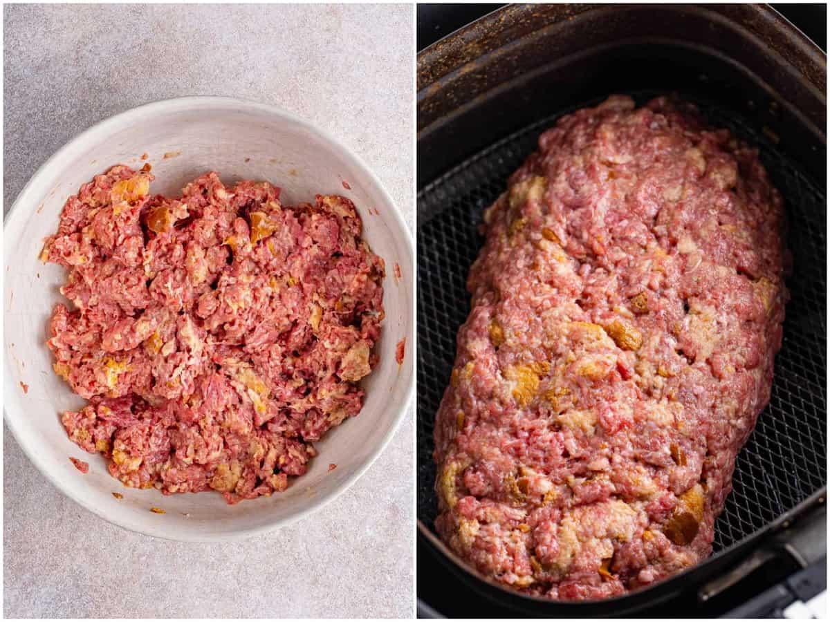 a collage of two photos: a mixing bowl of meatloaf mixture and an uncooked meatloaf in an Air Fryer basket.