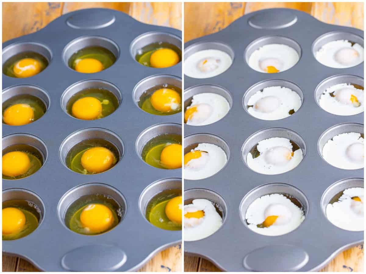 collage of two photos: a single, whole egg cracked into each spot in a 12 cup muffin tin and heavy cream poured on top of the eggs in Esch muffin cup.
