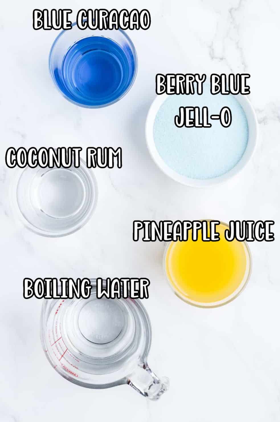 Berry Blue Jello Mix, water, coconut rum, pineapple juice, and blue curaçao.