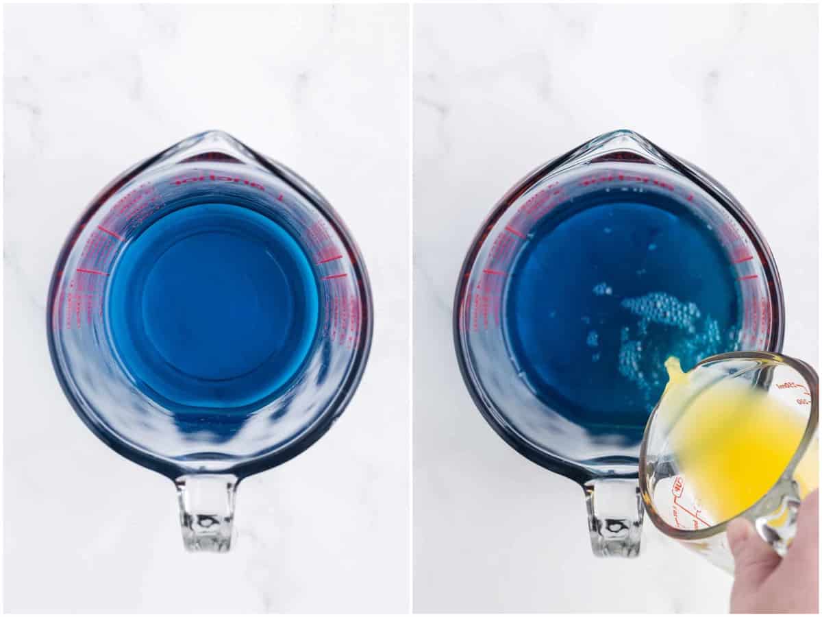 collage of two photos: a measuring cup with berry blue jello and water; pineapple juice and rum being added to blue jello mix.
