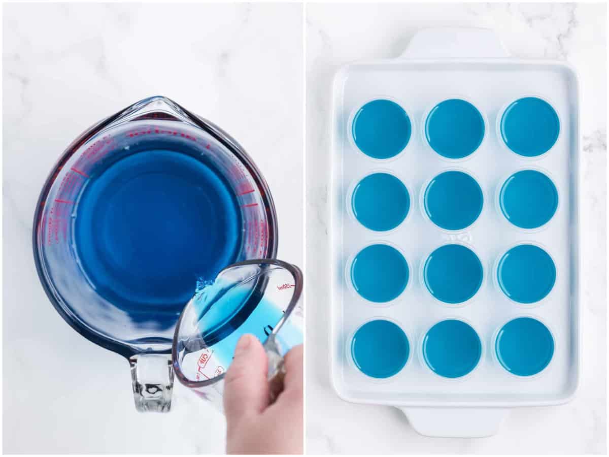 collage of two photos: blue curacao being added to the jello shot mix; blue Hawaii Jello Shots in the containers. 