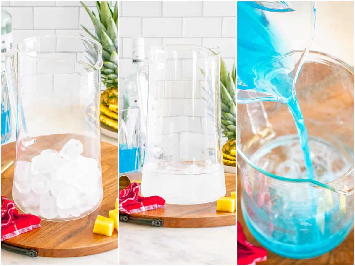 a collage of three photos: ice cubes in a glass pitcher; white rum added to ice in pitcher; blue curaçao being poured into pitcher.