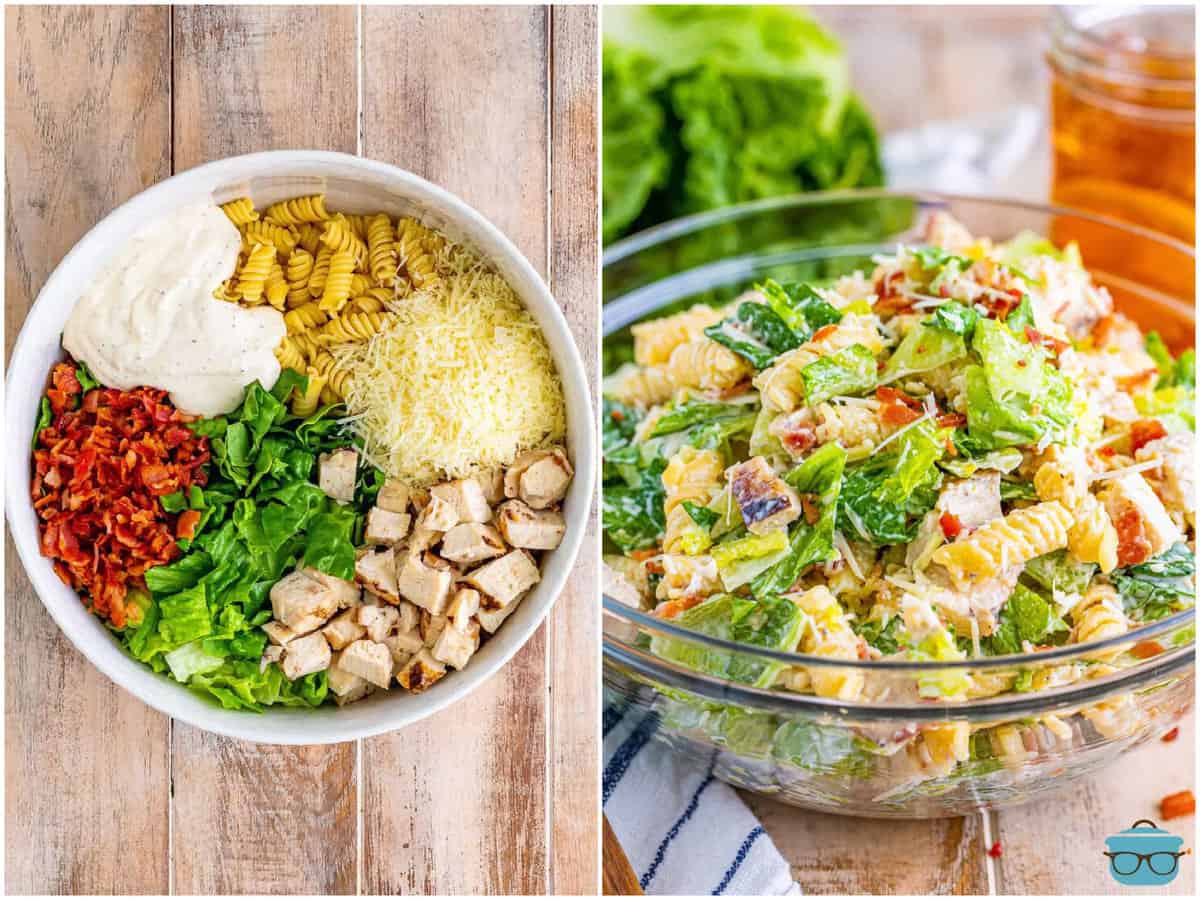 a collage of two photos: a bowl of rotini pasta, diced grilled chicken, bacon, romaine lettuce, shredded parmesan cheese, and Caesar dressing and a glass bowl of Chicken Caesar pasta salad fully mixed. 