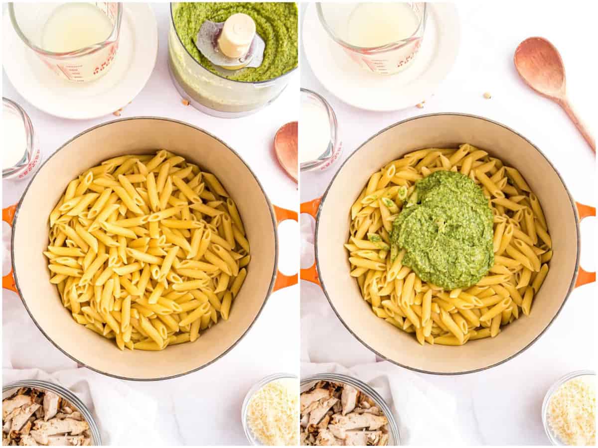 collage of two photos: cooked penne pasta in a large pot; some of the basil pesto cured on top of the cooked penne pasta in the pot. 