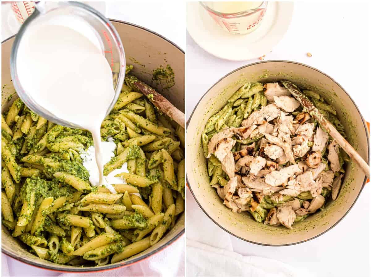 collage of two photos: pouring heavy cream into pot with pesto coated penne pasta; sliced grilled chicken added to pasta in the pot. 