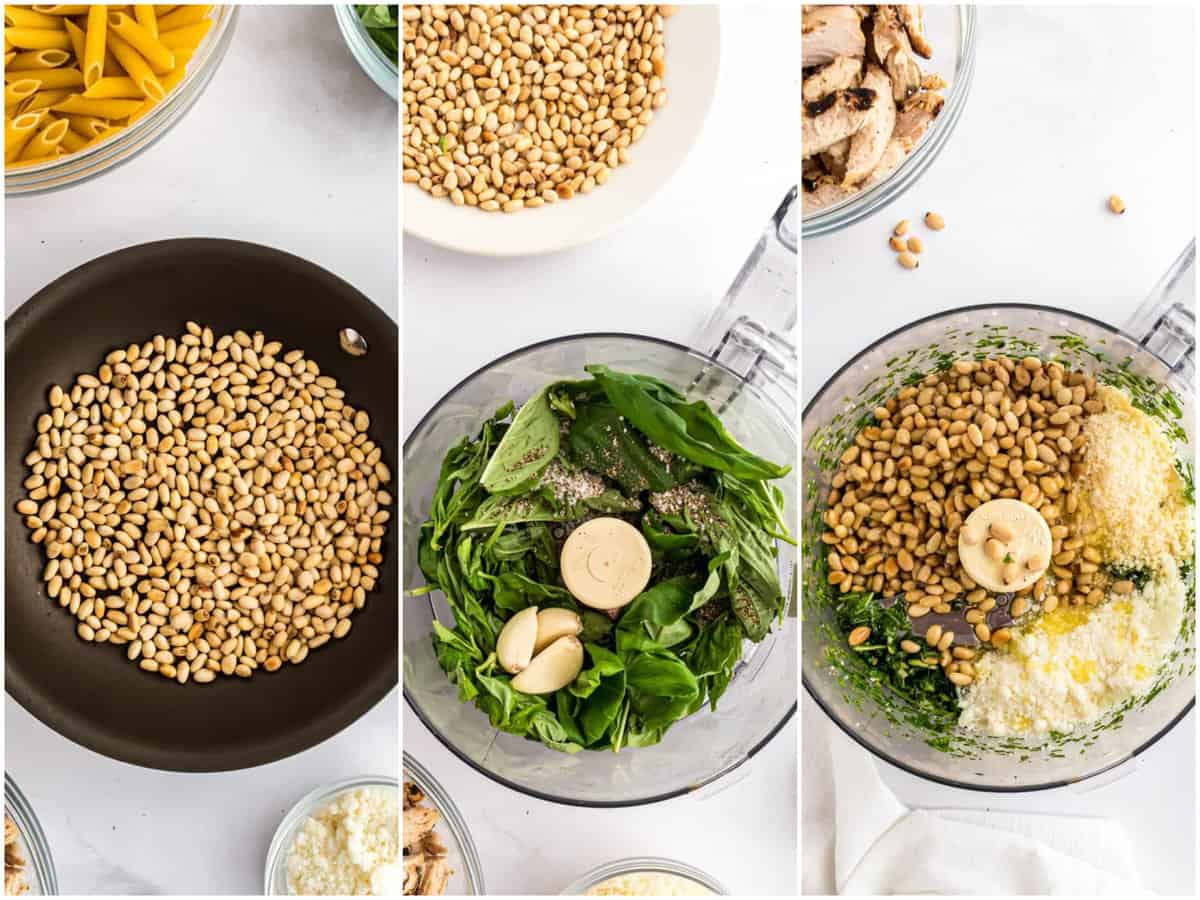 collage of three photos: a skillet with pine nuts; food processor with basil leaves, garlic, salt, and pepper; toasted pine nuts, oil and grated cheese added to basil mixture in food processor. 