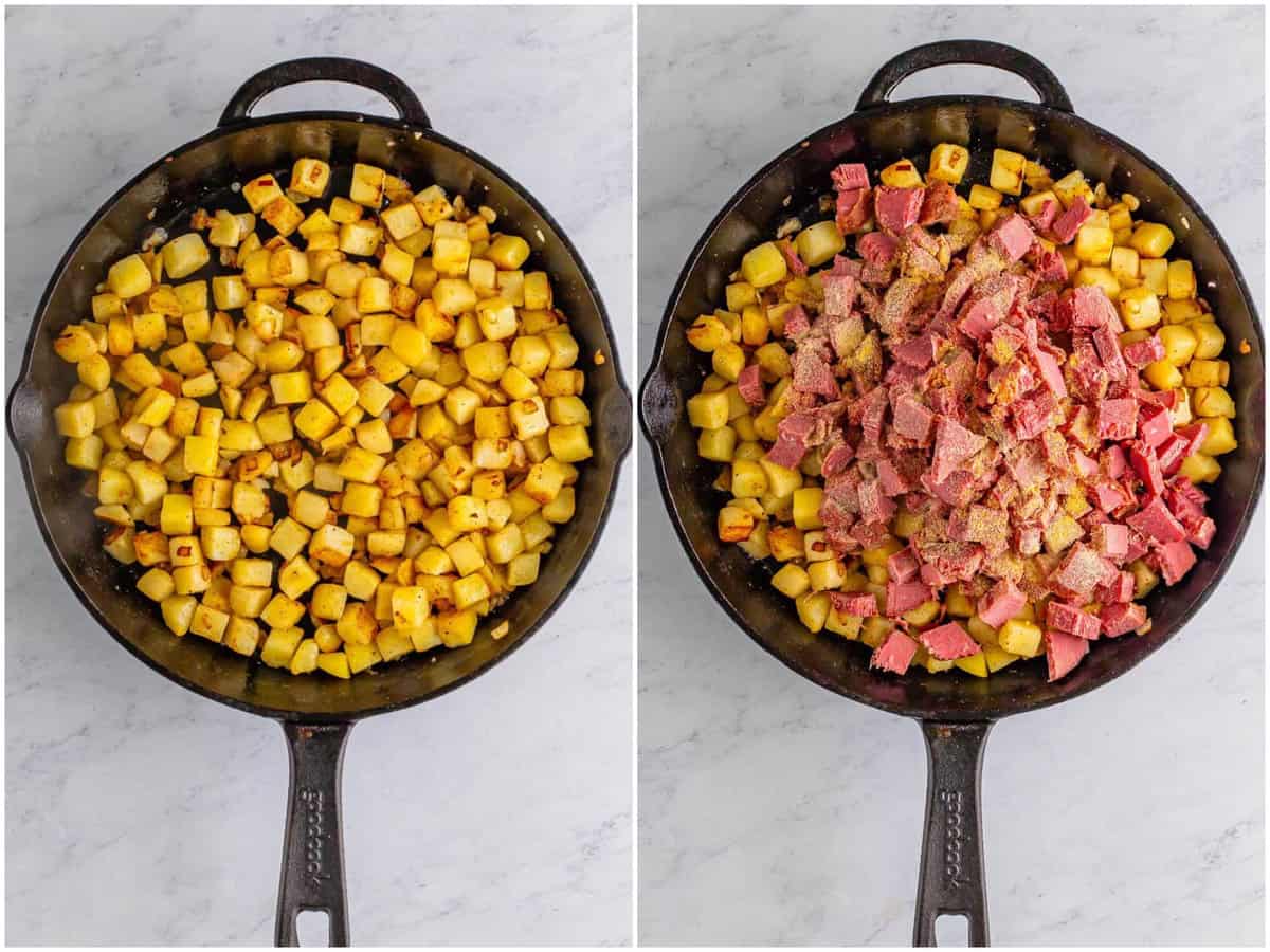 a collage of two photos: cooked diced potatoes in a cast iron skillet; diced corned beef hash added to potatoes in skillet. 