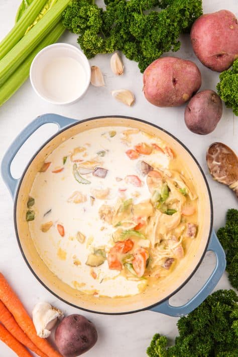A pot of Creamy chicken stew with heavy cream on top.