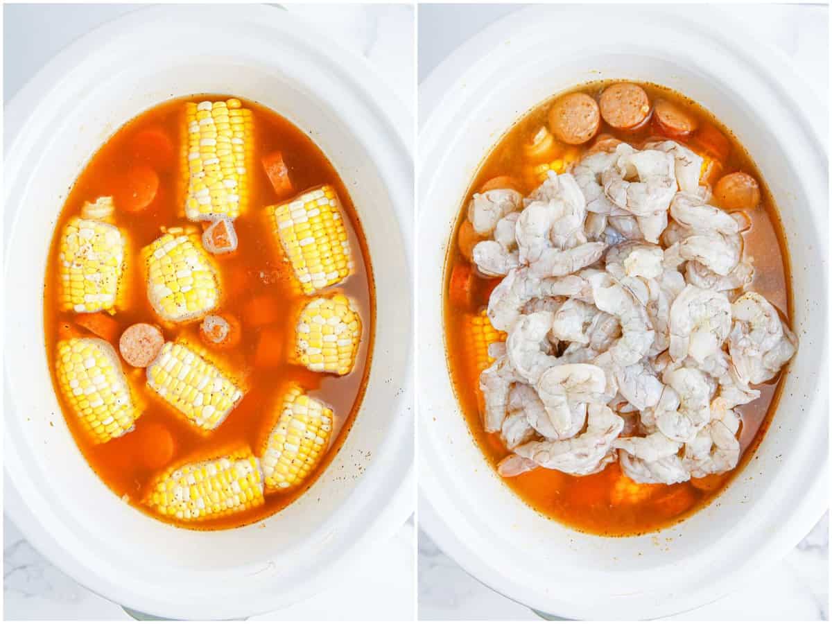 a collage of two photos: ears of corn added to crock pot with liquid and potatoes; raw shrimp added to the crock pot with corn, liquid and potatoes. 