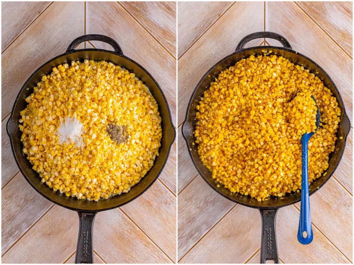 a collage of two photos: salt and pepper shown on top a pile of fresh corn in a cast iron skillet; cooked and lightly browned corn in cast iron skillet. 