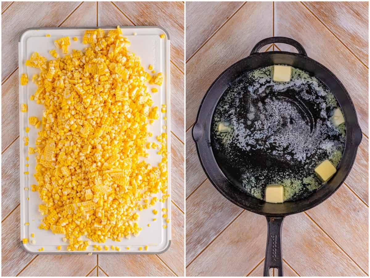 a collage of two photos: a white cutting board with corn kernels on top; a cast iron skillet with melted butter and bacon grease. 