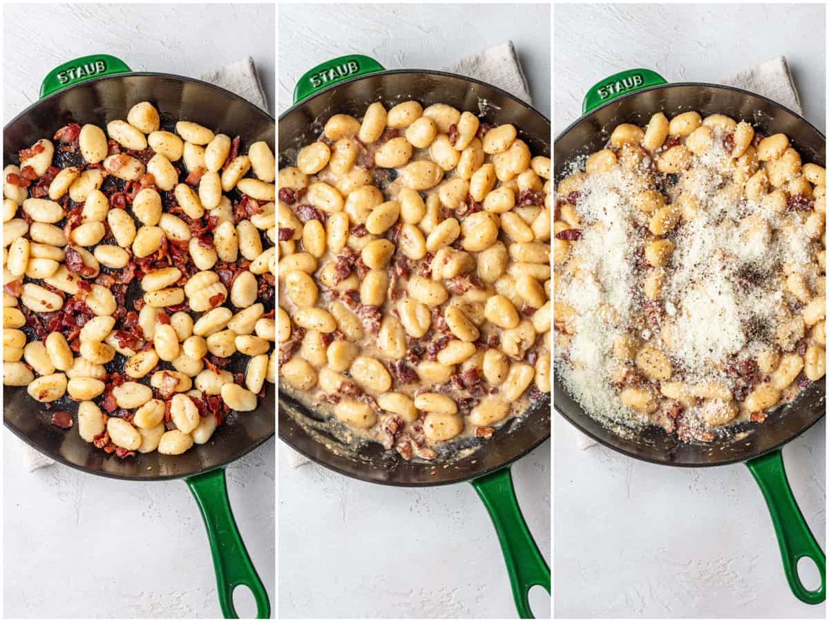 collage of three photos: gnocchi and bacon in a cast iron skillet; gnocchi, bacon and tempered eggs in a skillet; grated cheese over gnocchi and bacon. 