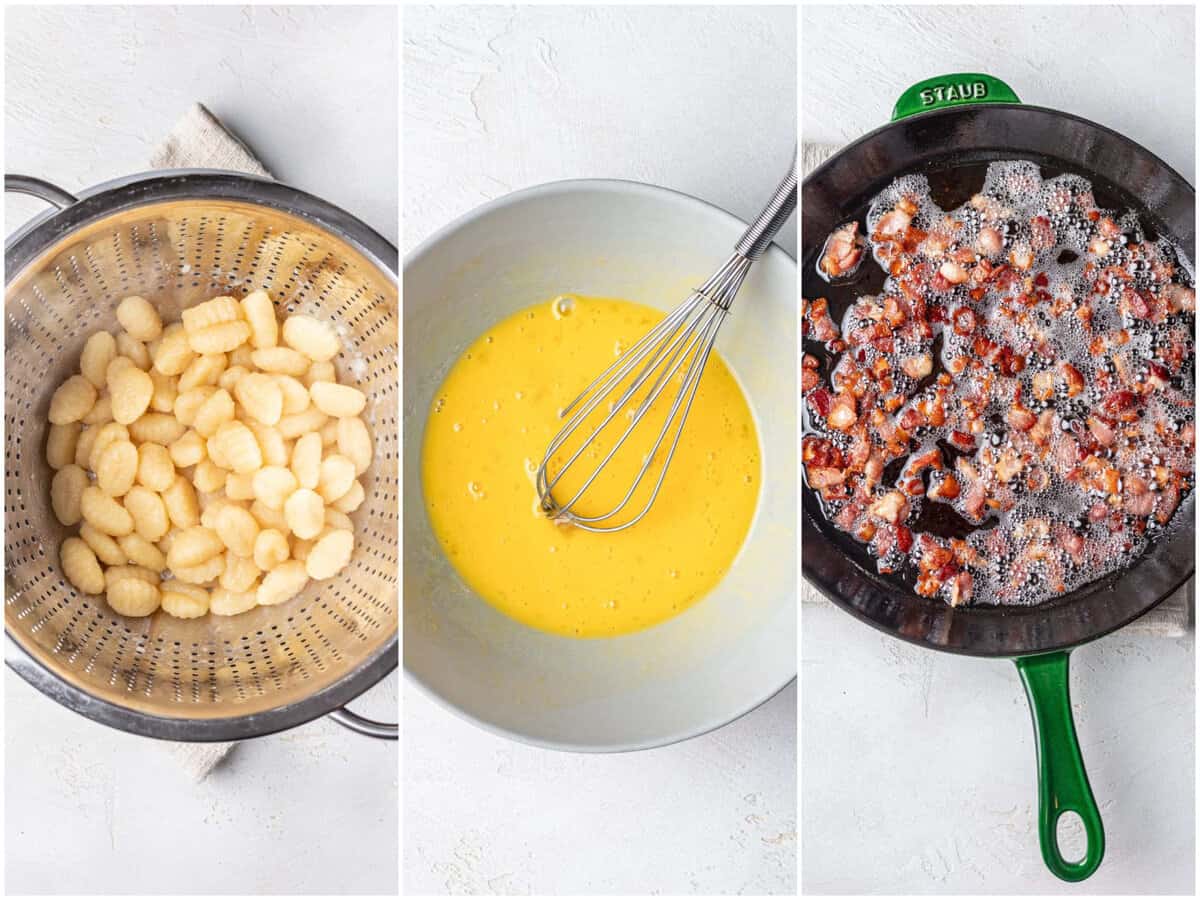 collage of three photos: cooked gnocchi in a strainer; q mixing bowl with whisk, eggs, egg yolks and pasta water; cooked bacon pieces in a skillet.